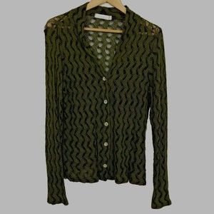 Cut Loose Cardigan Sweater M Medium Olive Green Black Open Knit Ladies *